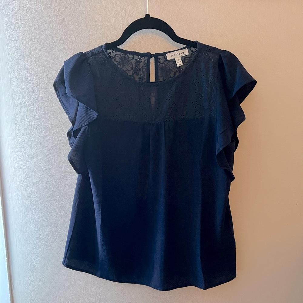 Monteau ruffle sleeve navy top medium